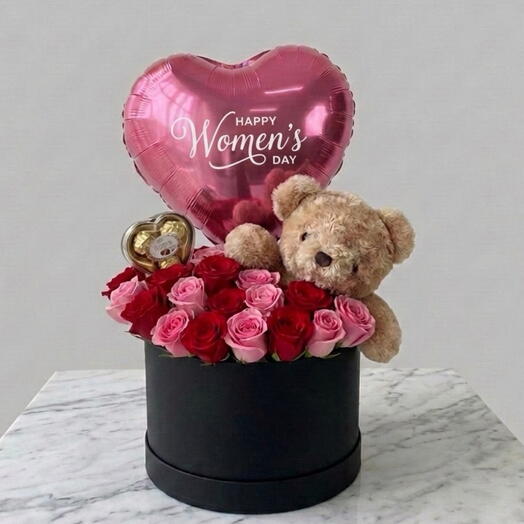 Набор на День матери – Цветы, Шоколад, Плюшевый мишка   Воздушный шар