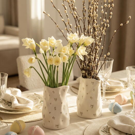 Sauce y narcisos en jarrón cerámico