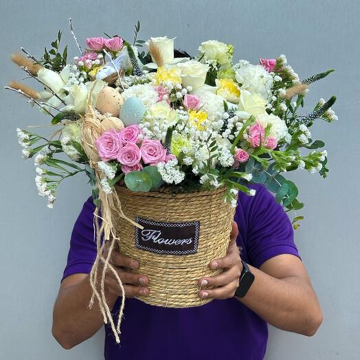Luxury Easter Floral Basket | Lisianthus, Roses, Carnations   Eggs