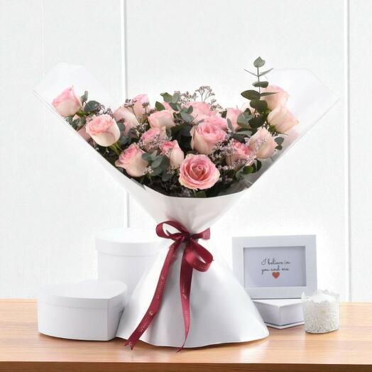 Royal Pink Bouquet – 24 Pink Roses in Elegant White Wrap