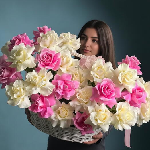 25 Premium Open White N Pink Rose Basket- Ecuador