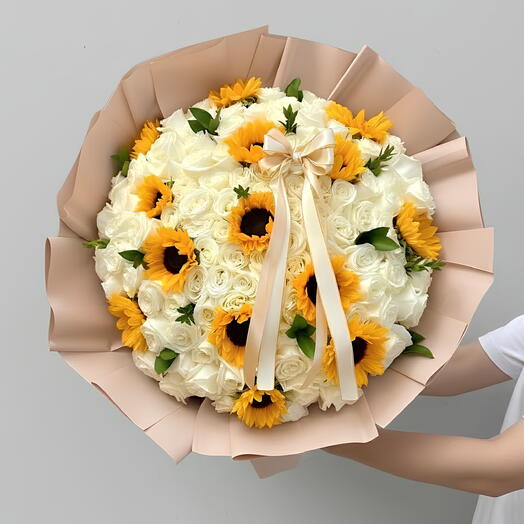 Luxury White Roses   Sunflowers | 91 Roses with 14 Sunflowers | Same-Day Dubai Delivery