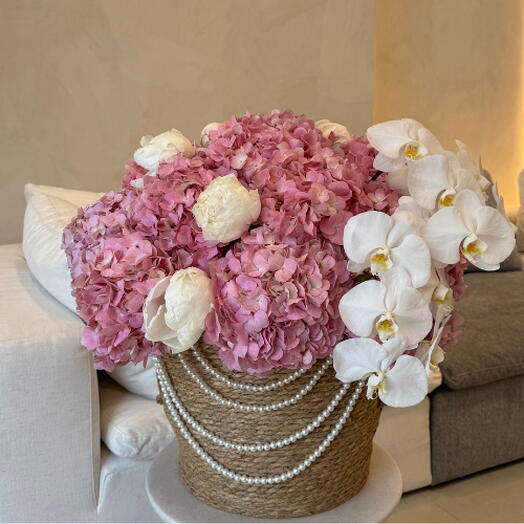 Orchid Whisper: Basket of Pink Hydrangeas, White Orchid and Peonies