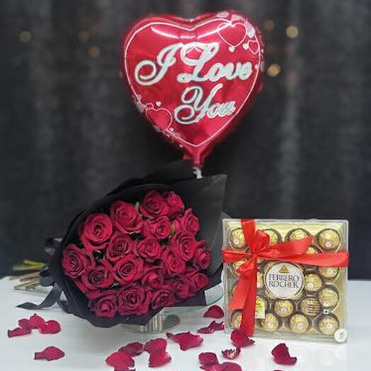 Комбо: 21 красная роза и 16 конфет Ferrero Rocher