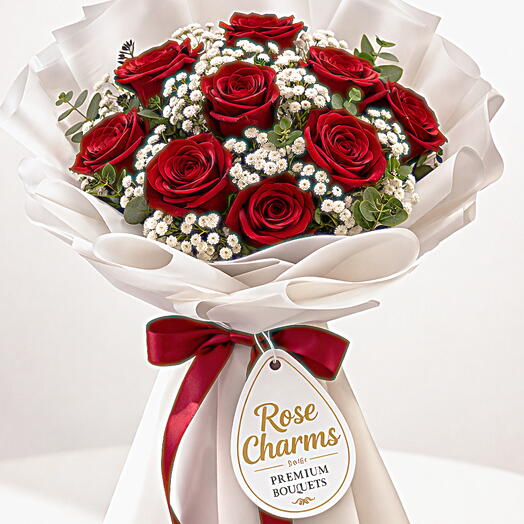Scarlet Cloud – 11 Red Roses with Gypsophila Bouquet