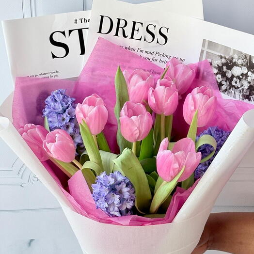 Pink Tulips Bouquet with Hyacinths