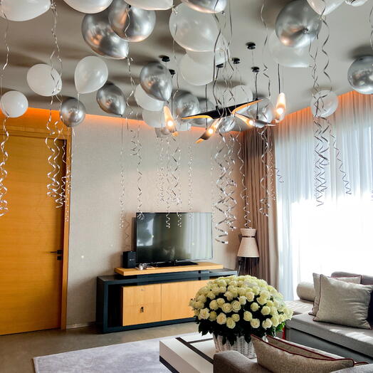 White, silver ceiling balloons