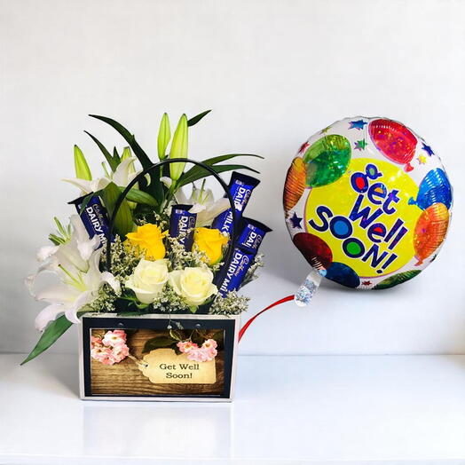 Get Well Soon Flower   Chocolate Gift Bag with Foil Balloon