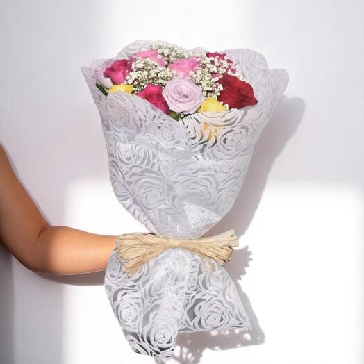 Evershine Mixed Roses Bouquet with Baby s Breath | Elegant Wrapped Flower Gift | 30x60cm
