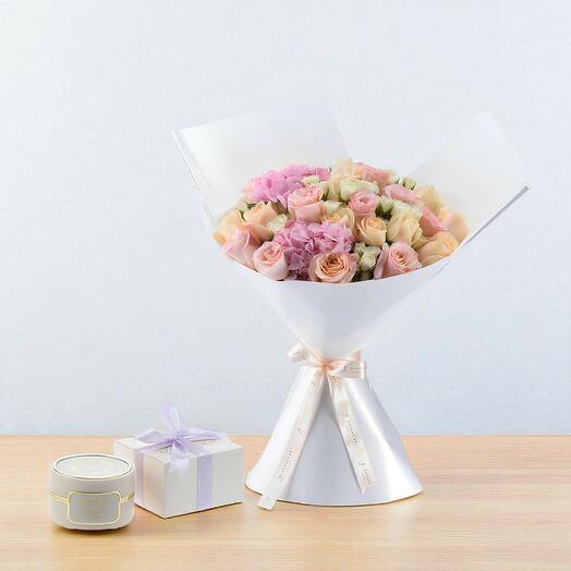 Peach   Pink Rose Bouquet with Rasasi Bakhoor