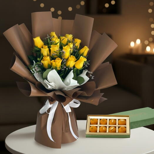 Floral   Sweet Delight | 15 Yellow Roses and Motichur Laddu Gift Set Dubai JVC
