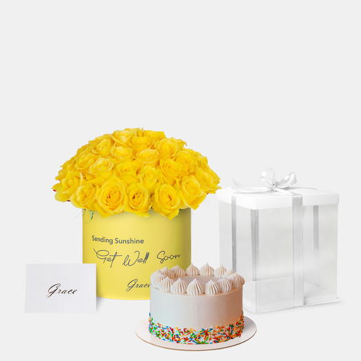 Get well soon Yellow Roses with Funfetti cake