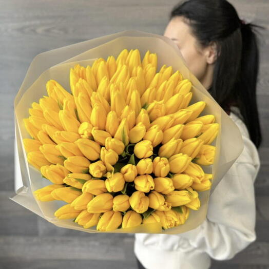 99 Лемон Дропс — роскошные жёлтые тюльпаны. Специальный букет ко дню рождения или годовщине
