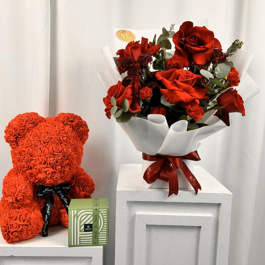 Red Beauty Arrangement with patchi and Teddy 40cm