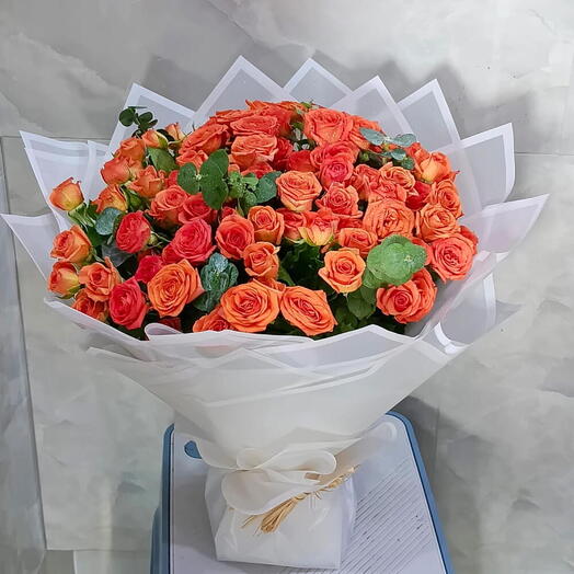 Roses orange dans un emballage blanc
