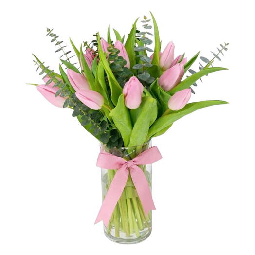 21 tulipes roses avec du bleu bébé dans un vase en verre