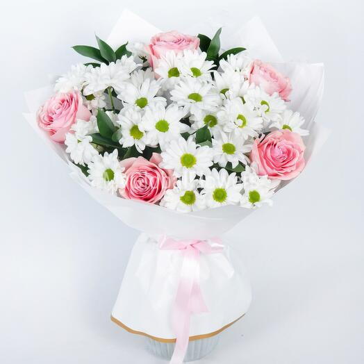 Pink Roses and Chrysanthemums