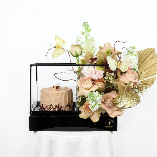 Cappuccino and Chocolate flowers and cake