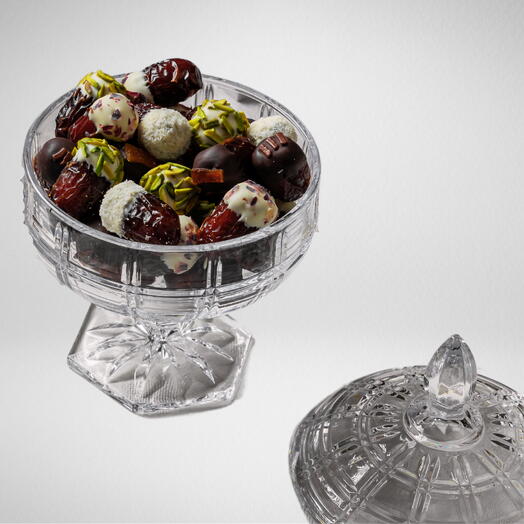 Glass Bowl - 30 pcs mix of Signature collection chocolate stuffed dates