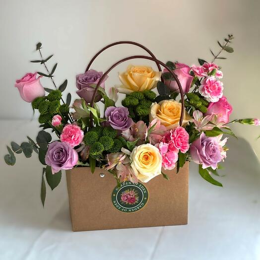"Blushing Harmony Bag | Mixed Roses, Carnations   Alstroemerias – Elegant Floral Gift in Box"