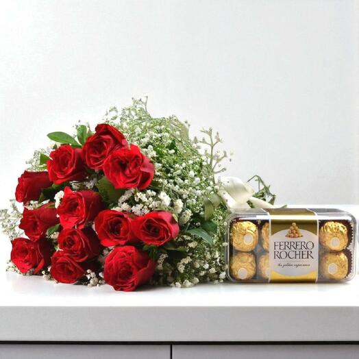 Ramo rojo y combo de chocolate para novia