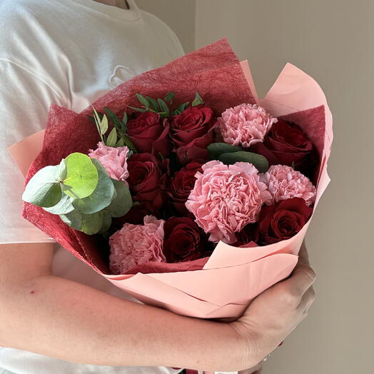 Red blush bouquet with red roses and carnations
