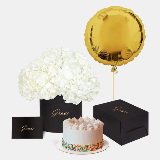 White Hydrangea in Box with Funfetti Cake Bundle