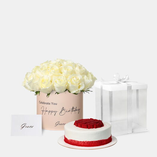 Joyful Birthday White Roses with Red velvet Cake