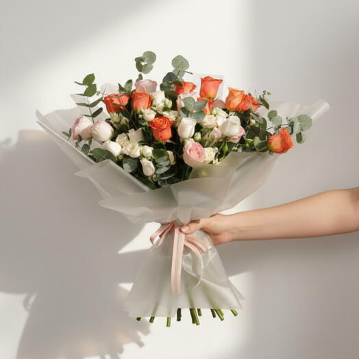 Ramo de 25 rosas mixtas - rosa, naranja y blanco