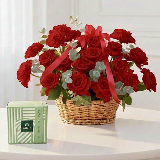 Crimson Elegance Basket - 25 Red roses and Patchi 500g