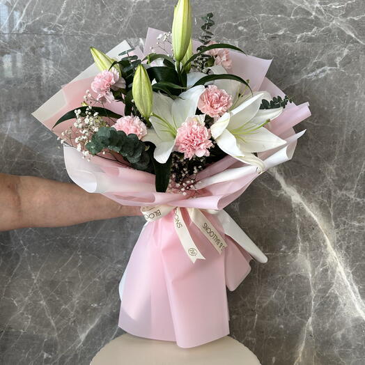 Pink Carnation and White Lilies Flower Bouquet