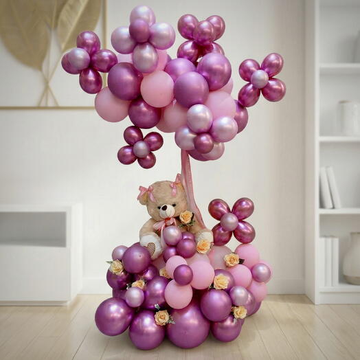 Baby Girl Balloon Stand with Teddy   Pink Roses Arrangement
