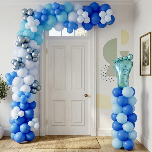 It s a Boy Balloon Arch – Blue Shades Luxury Setup with Footprint Foil