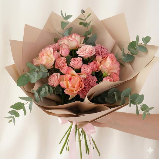 Peach and Pink Rose Bouquet Dubai  Romantic Roses with Eucalyptus Anniversary Birthday Gift