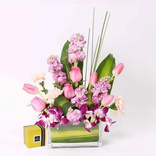 Pretty Lady Vase Arrangement and Deluxe Patchi Chocolates