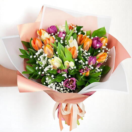 Colorful Charm – 25 Mixed Tulips Bouquet with Gypso   Ruscus
