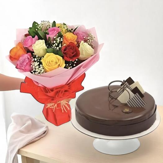 Sweet Celebration Combo | Mixed Rose Bouquet   Chocolate Cake | Perfect Gift Set