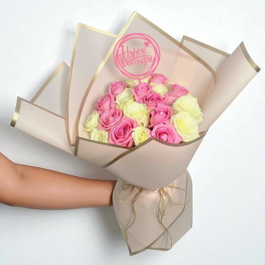 Bouquet de 20 roses roses et blanches