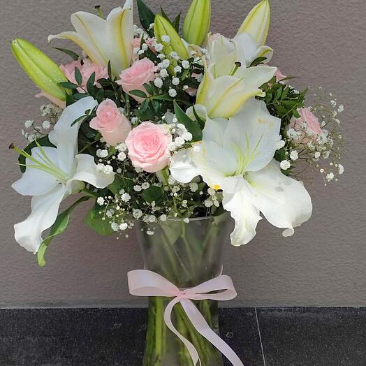 Love Token; 2 stems of White Lillies and 8 Pink Rose in a glass vase