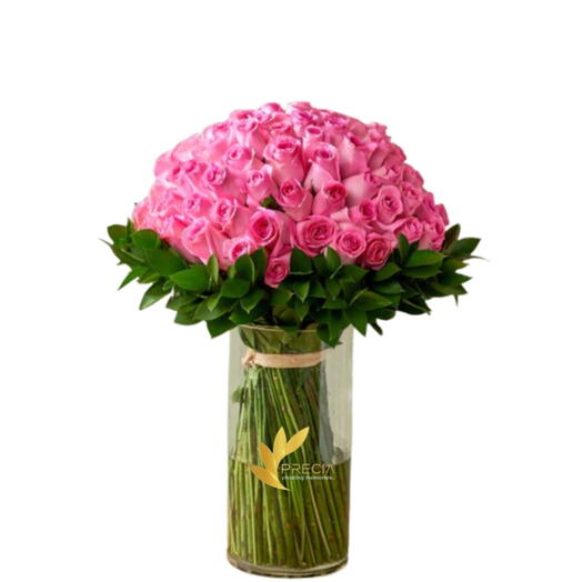 101 розовая роза в вазе