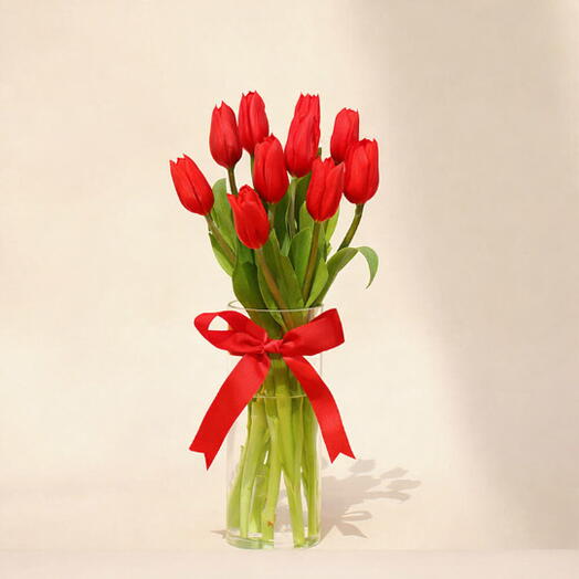 Red Tulips in Glass Vase