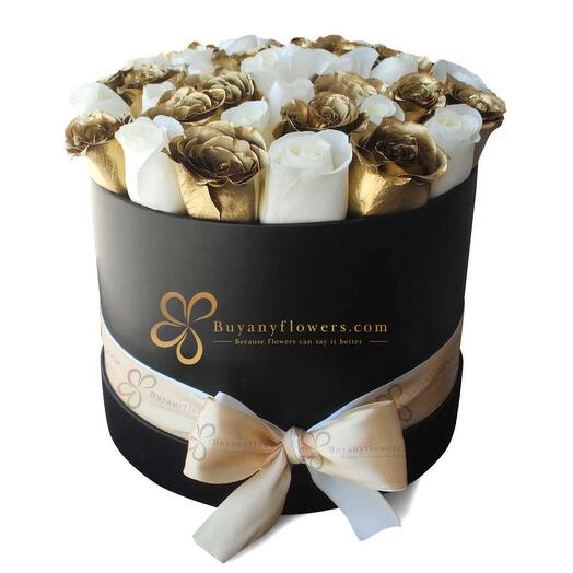Gold and White Roses Arrangement in Black Round Box