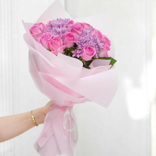 Pink Moon Bouquet – Elegant Pink Roses and Purple Chrysanthemums