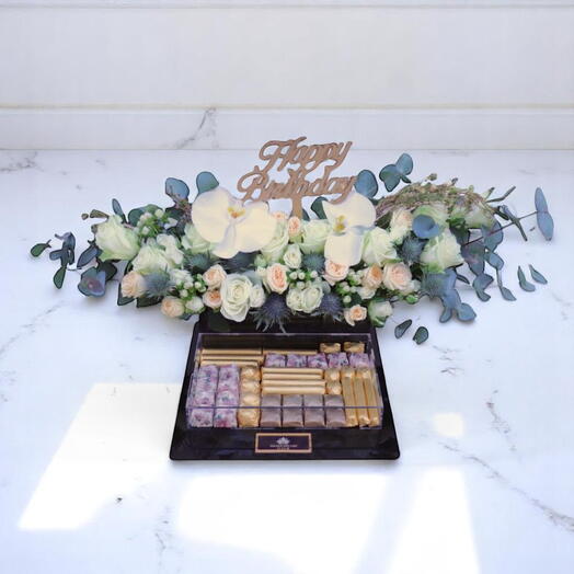 Happy Birthday Floral Gift Box with Premium Chocolates – Elegant Acrylic Arrangement with Roses, Orchids   Eucalyptus