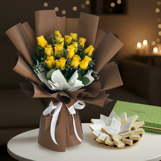 Festive Sunshine Combo | Fresh Yellow Roses   Classic Indian Sweets – A Thoughtful Gesture