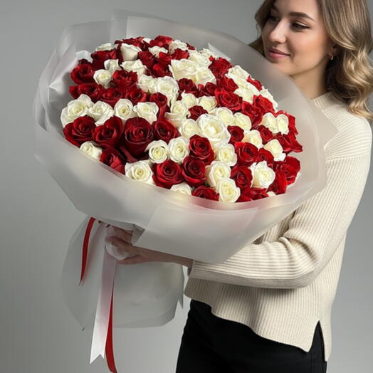 100 Red N White Roses Bouquet - Elegance