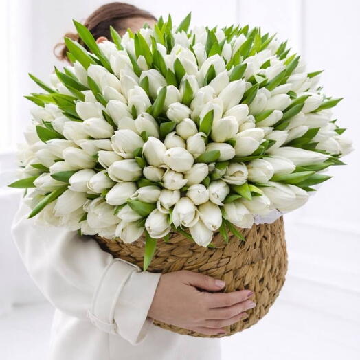150 White Tulips in a Basket – Luxury Spring Flower Arrangement