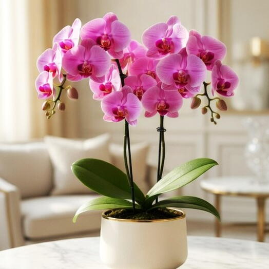 أنيق أوركيد فالينوبسيس وردي بساقين - نبات هدية فاخر يدوم طويلاً - دبي