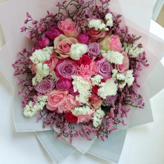 Romantic Mix Pink Flower Bouquet – 31 Stems of Roses, Chrysanthemums   Seasonal Florals