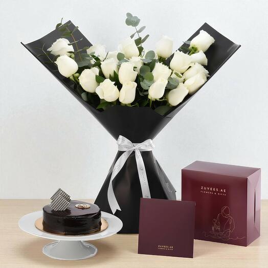 Ramo Pétalos de Nieve con Pastel de Chocolate